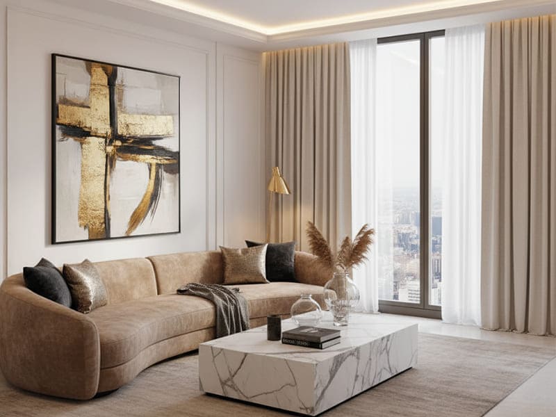 Modernes Wohnzimmer mit Gardinen in Stofffarbe L125