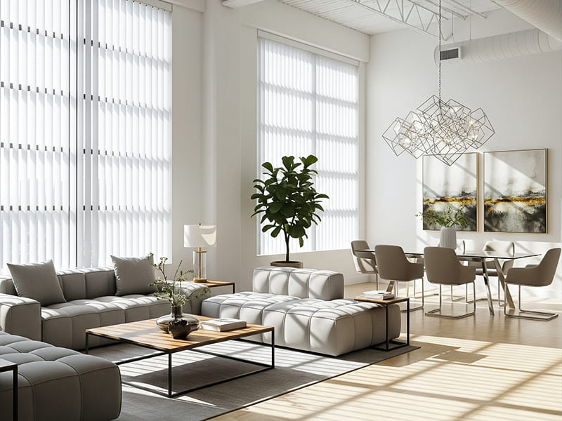 Modernes Loft mit lichtdurchlässigen Lamellen an großen Fensterfronten