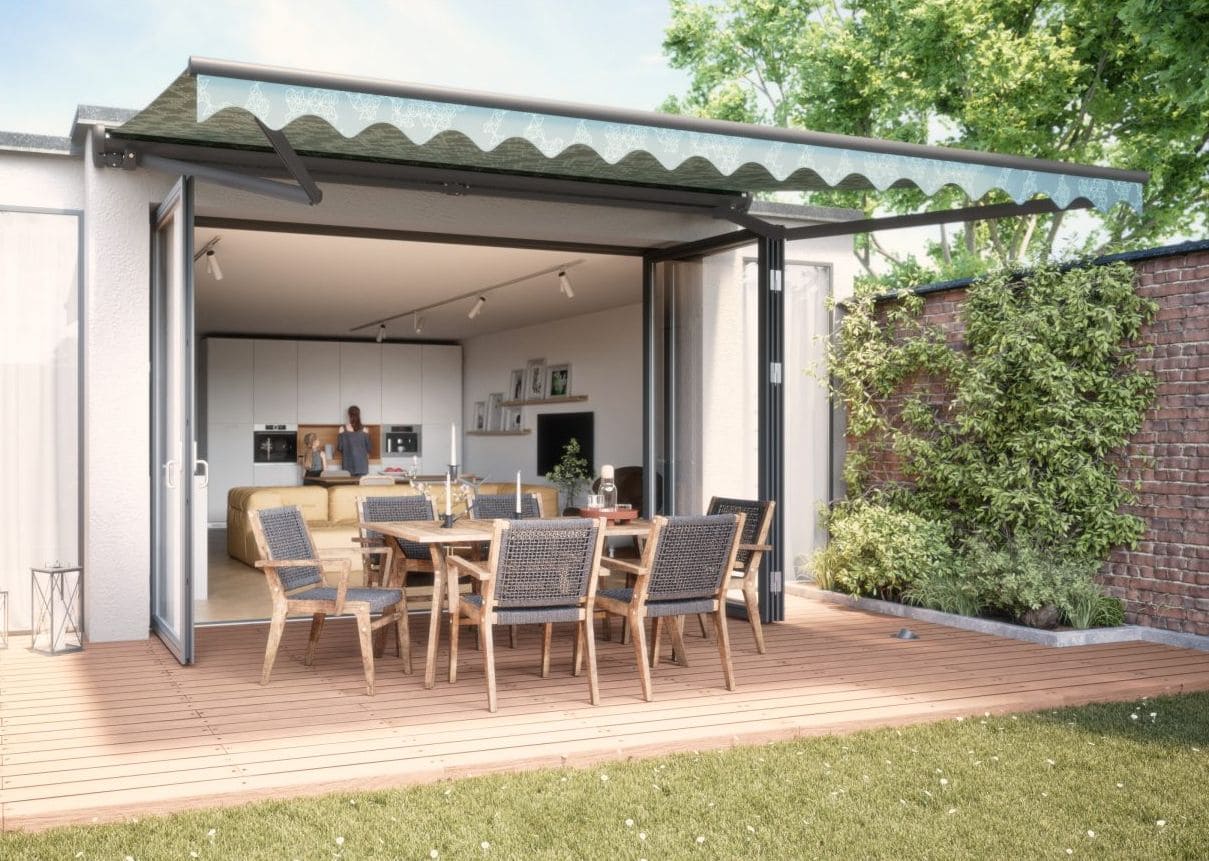 Unsere Gelenkarmmarkise Eco Pro mit Ruchabdeckschale