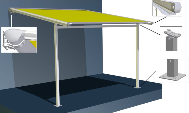 Pergolamarkise Caprio Pergola 3D Zeichnnung mit Querträger zwischen den Stützen