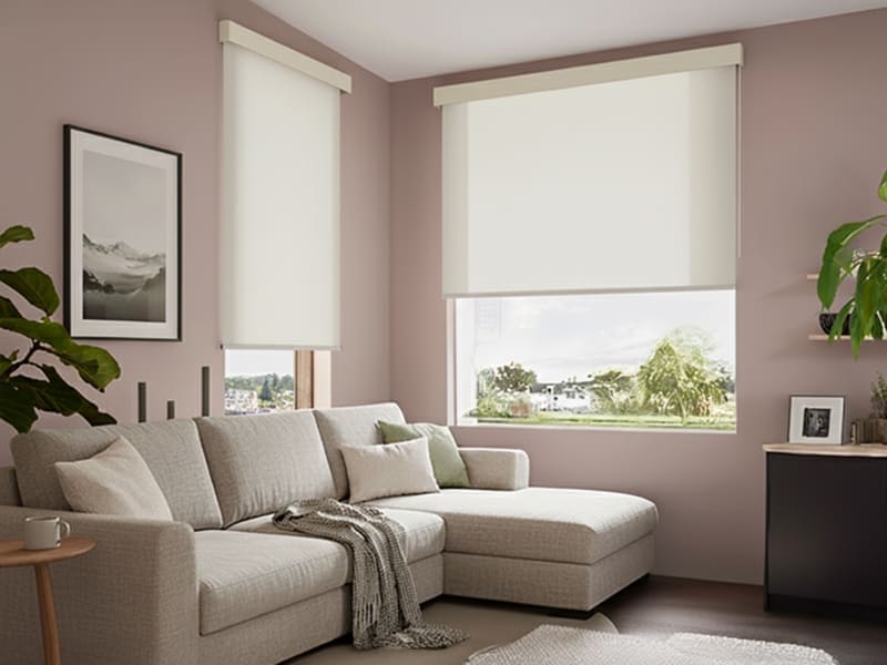 Gemuetliches Wohnzimmer mit hellem Sofa und Rollos mit dem Stoff 33767