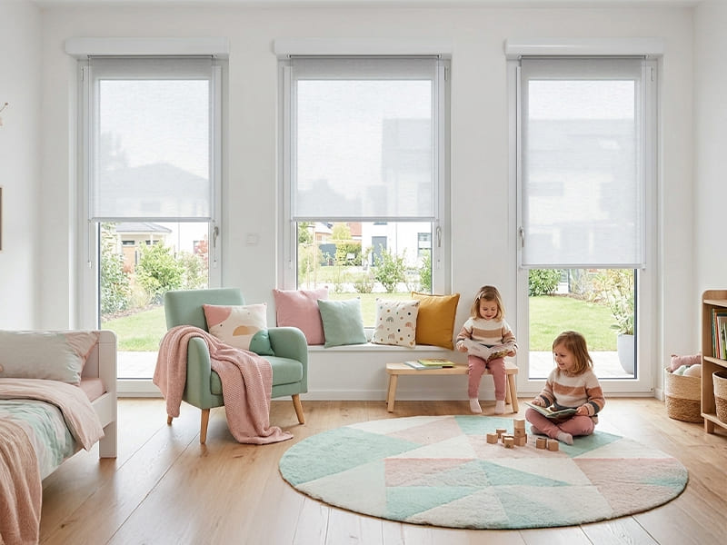 Kinderzimmer mit modernen Kassettenrollos mit dem Stoff 32196