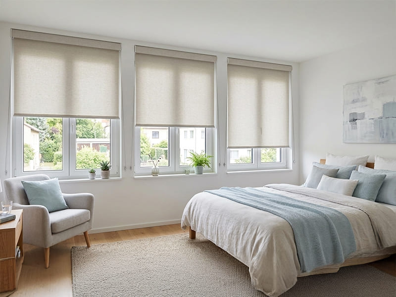 Helles Schlafzimmer mit Kassettenrollos mit dem Stoff 23949